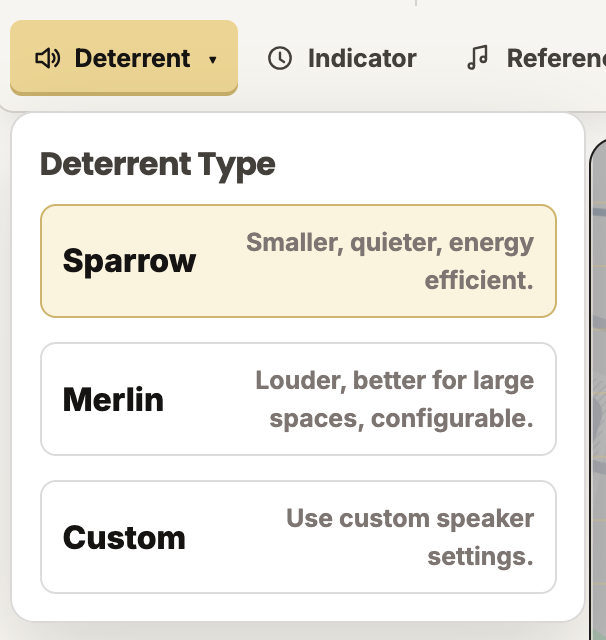 Deterrent menu showing Sparrow, Merlin, and Custom choices